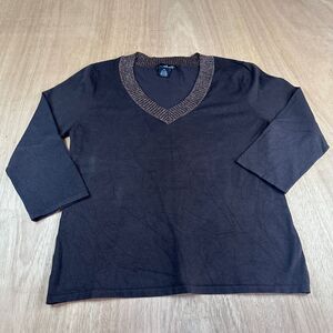 Willi Smith Brown Silk Blend Top XL Metallic Trim 3/4 Sleeve Shimmer Knit